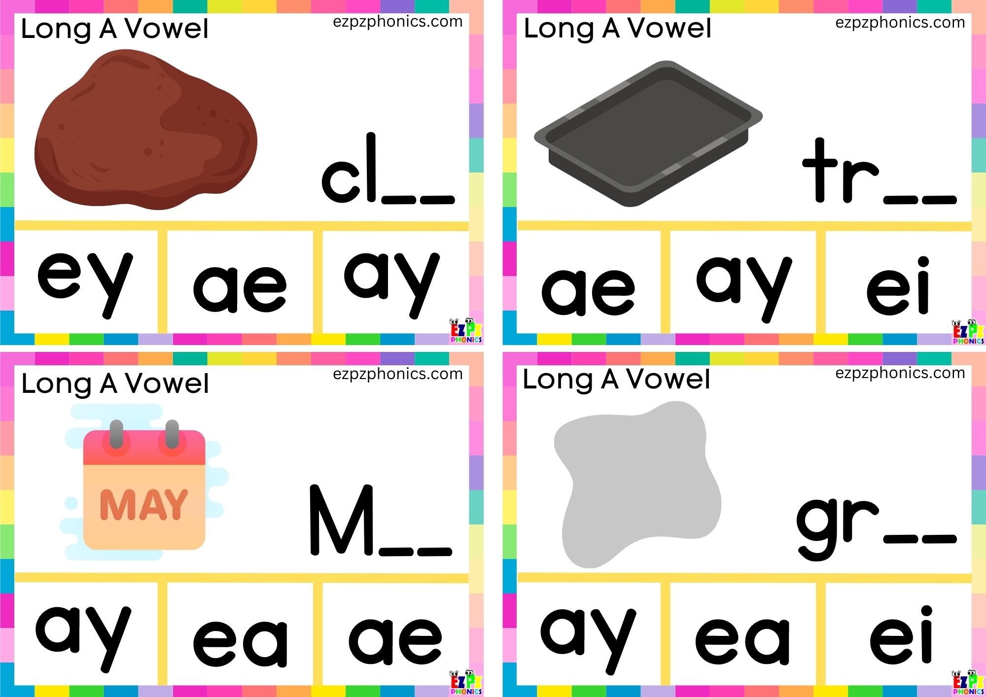 Finish the word and clip the correct letters Clip cards for long a vowel ay words group 2